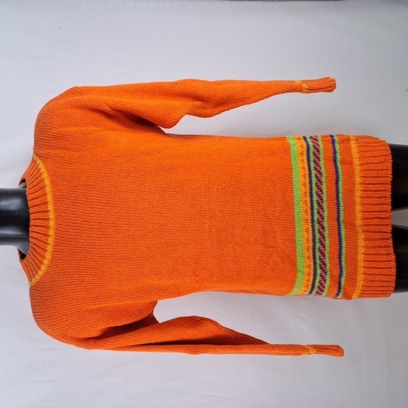 Vintage Liz Claiborne orange & green stripped ribbed collar long LG sweater - Picture 1 of 6